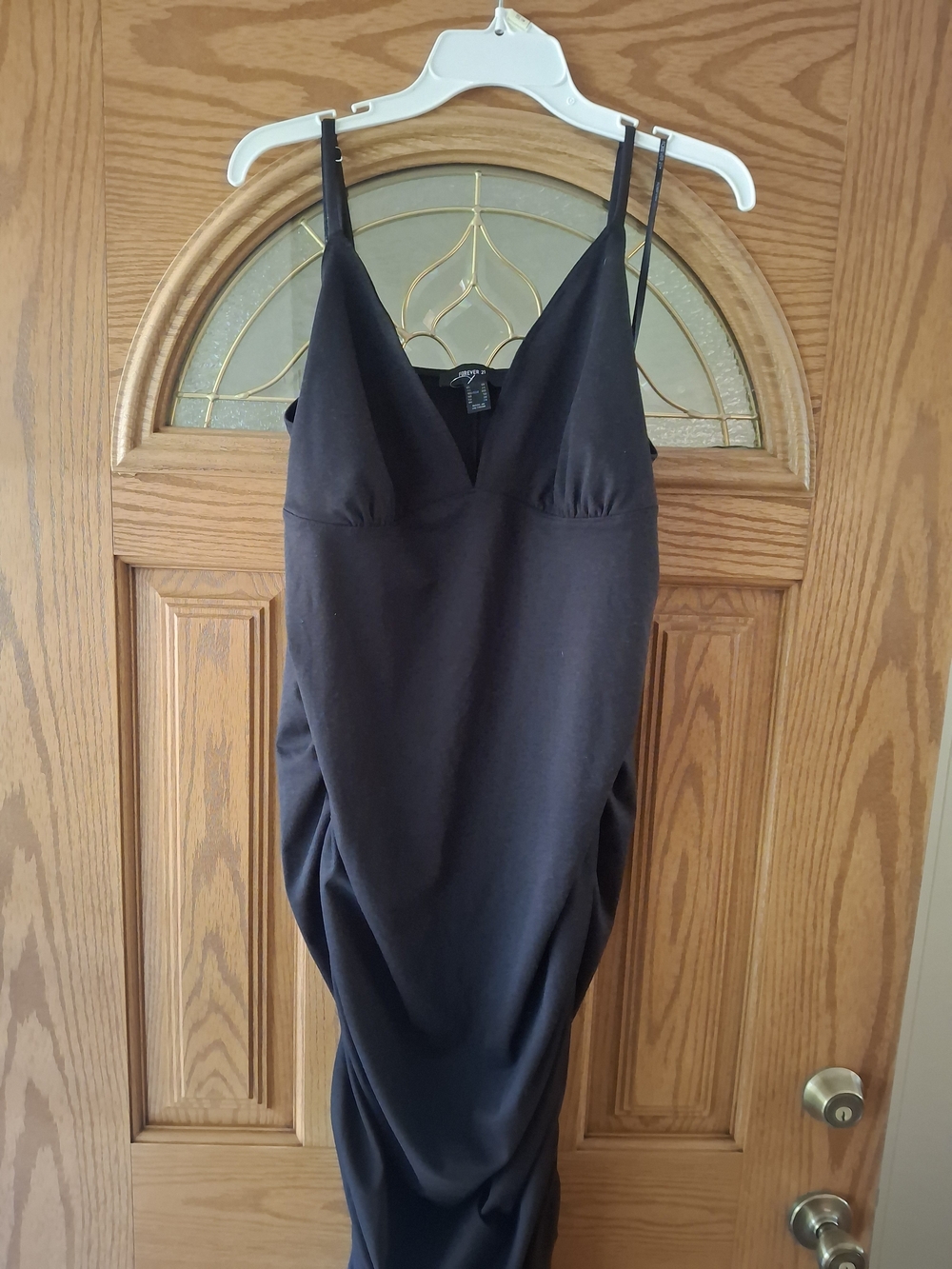 Forever 21 Black Midi Ruched Bodycon Dress with Spaghetti Straps